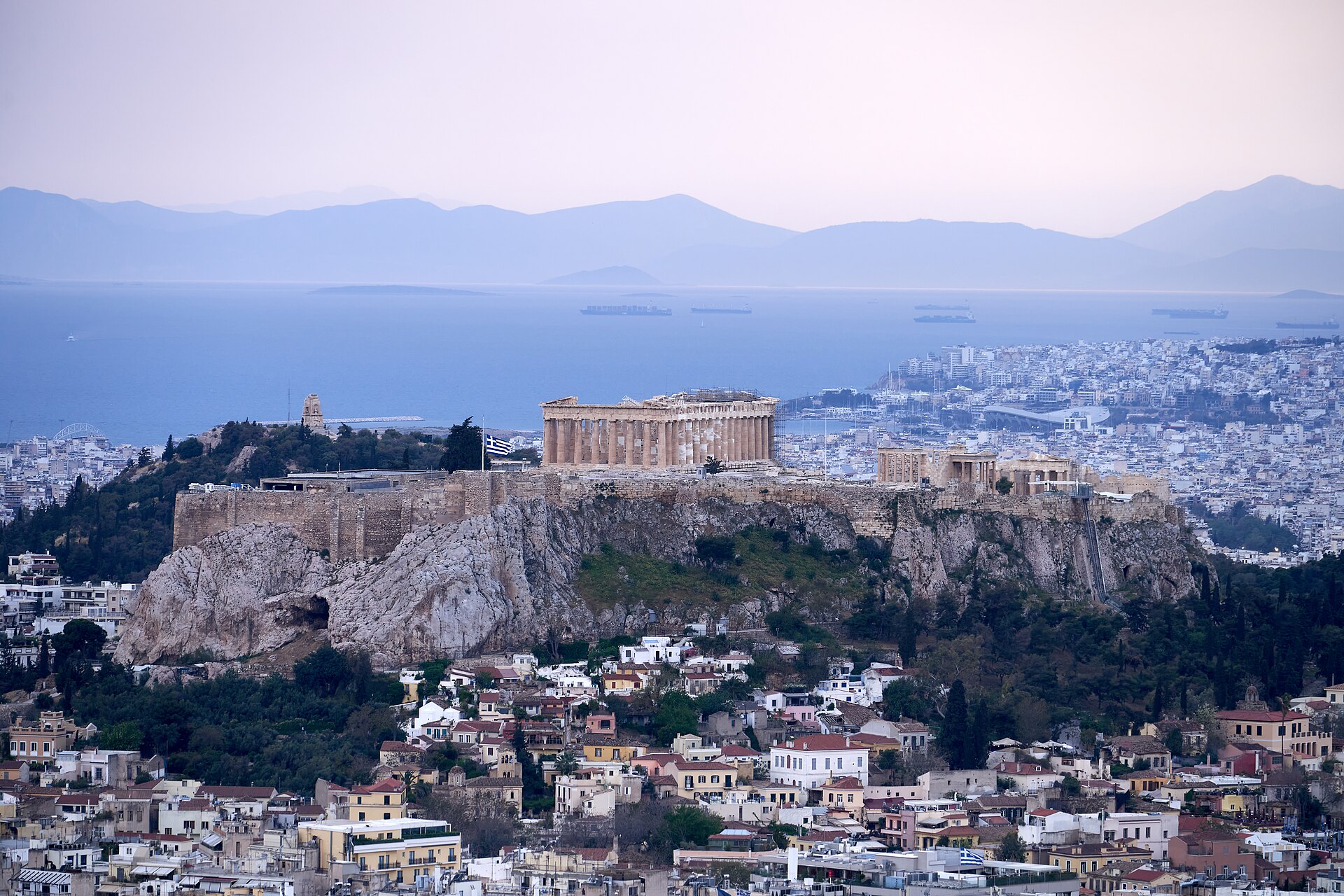 The Acropolis viewed from a nearby hill, crowned by its ancient temples.