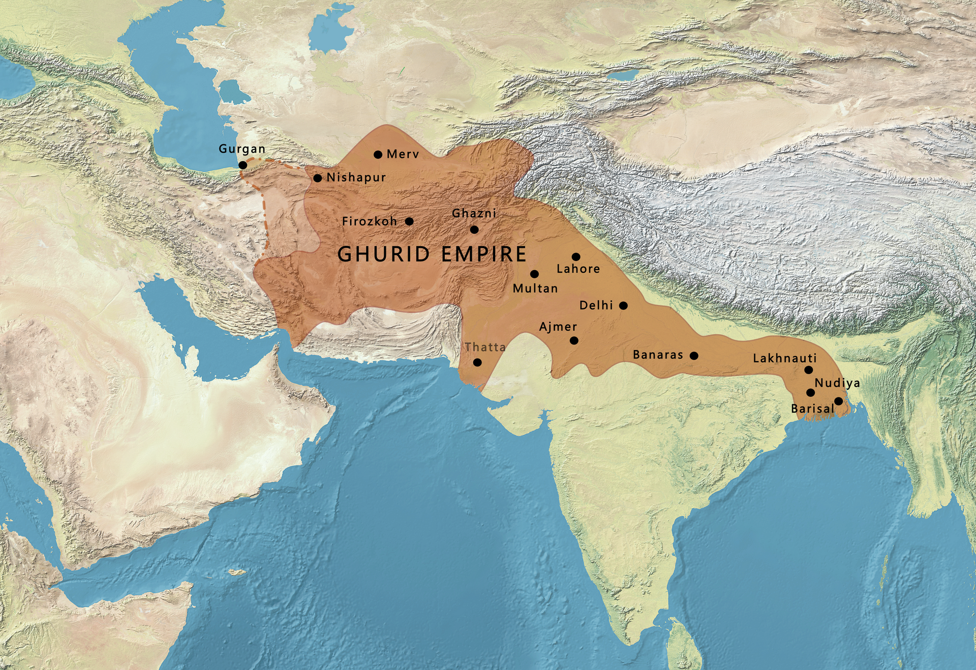 The Ghurid Empire around the year 1200, one of several powerful states that rose from what is now central Afghanistan. From here its rulers pushed into northern India, spreading Islam across the subcontinent.