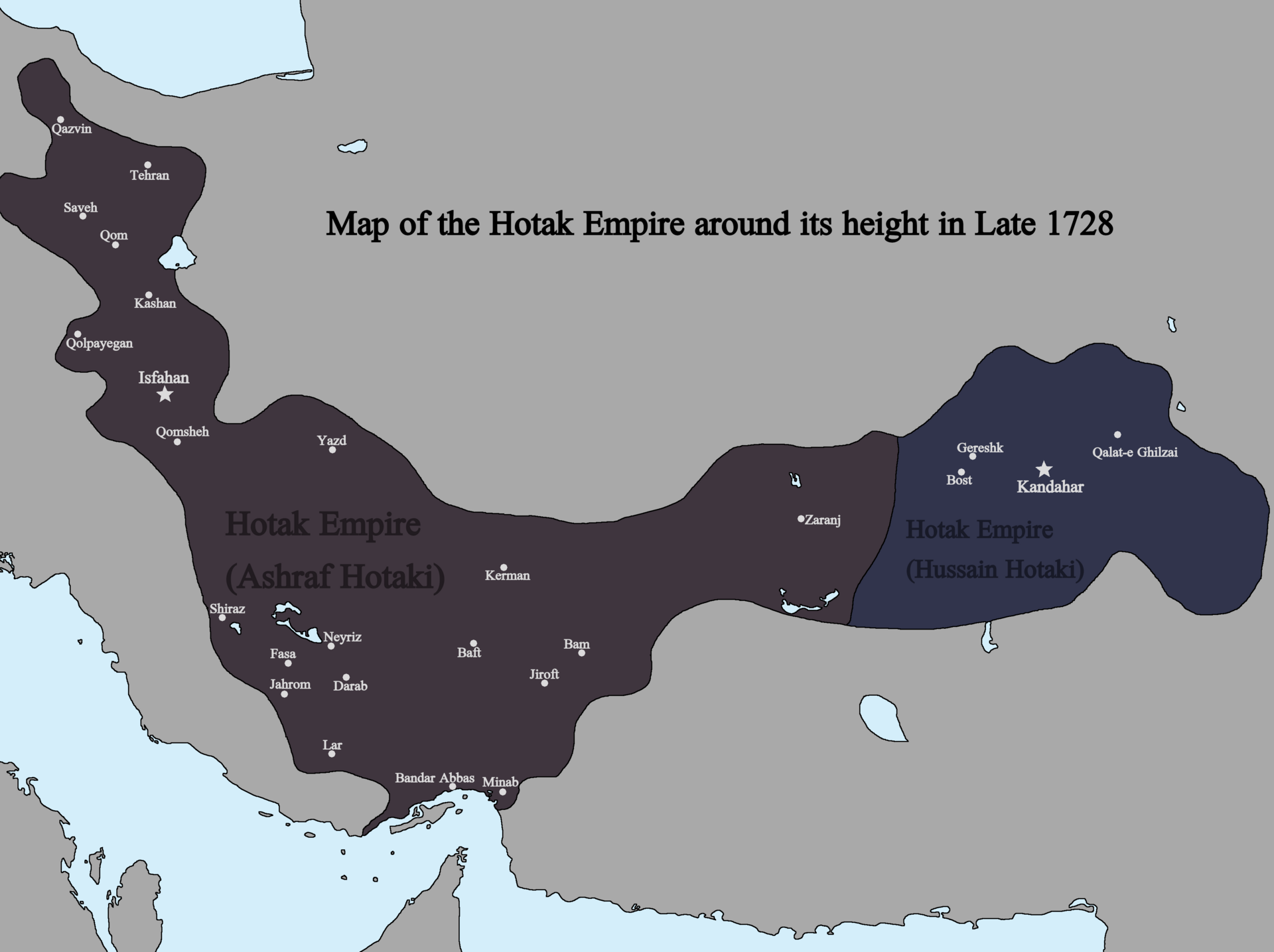 A map of the Hotak Empire at its height in 1728, when Afghan tribes from around Kandahar briefly conquered Persia. It was a forerunner of the unified Afghan state founded a generation later.