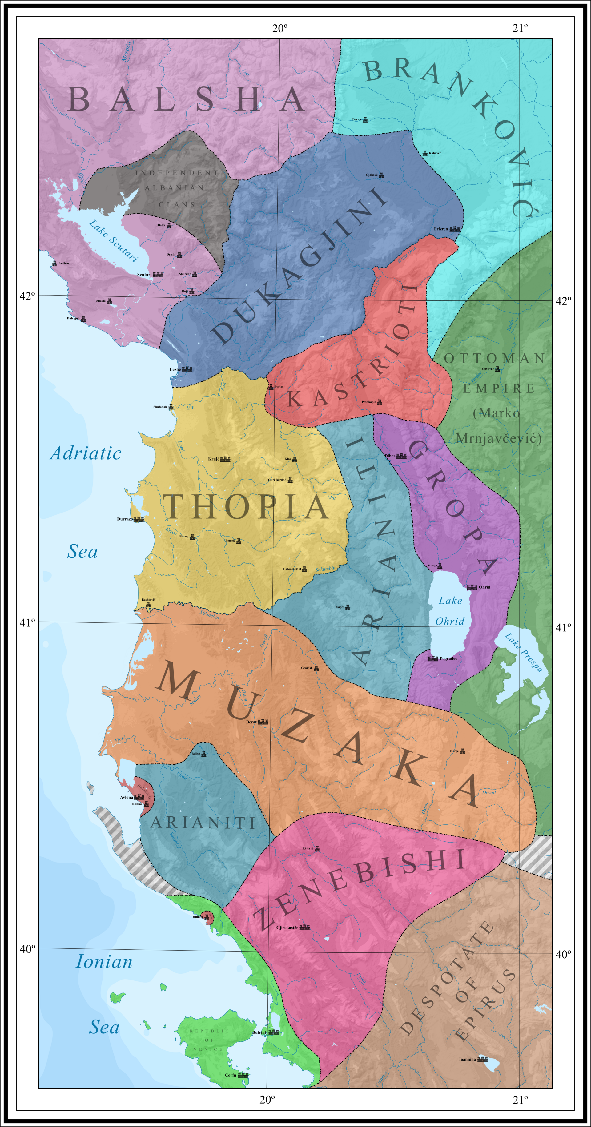 A map of the Albanian principalities around 1390. As Byzantine rule collapsed, local Albanian lords carved out their own realms before the arrival of the Ottoman Empire.