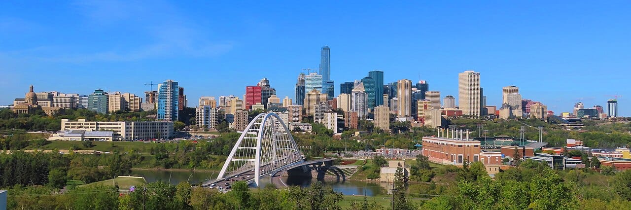 The skyline of Edmonton, the provincial capital, on the North Saskatchewan River. A centre of government and of the energy industry, it is one of the two great cities that anchor Alberta's economy.