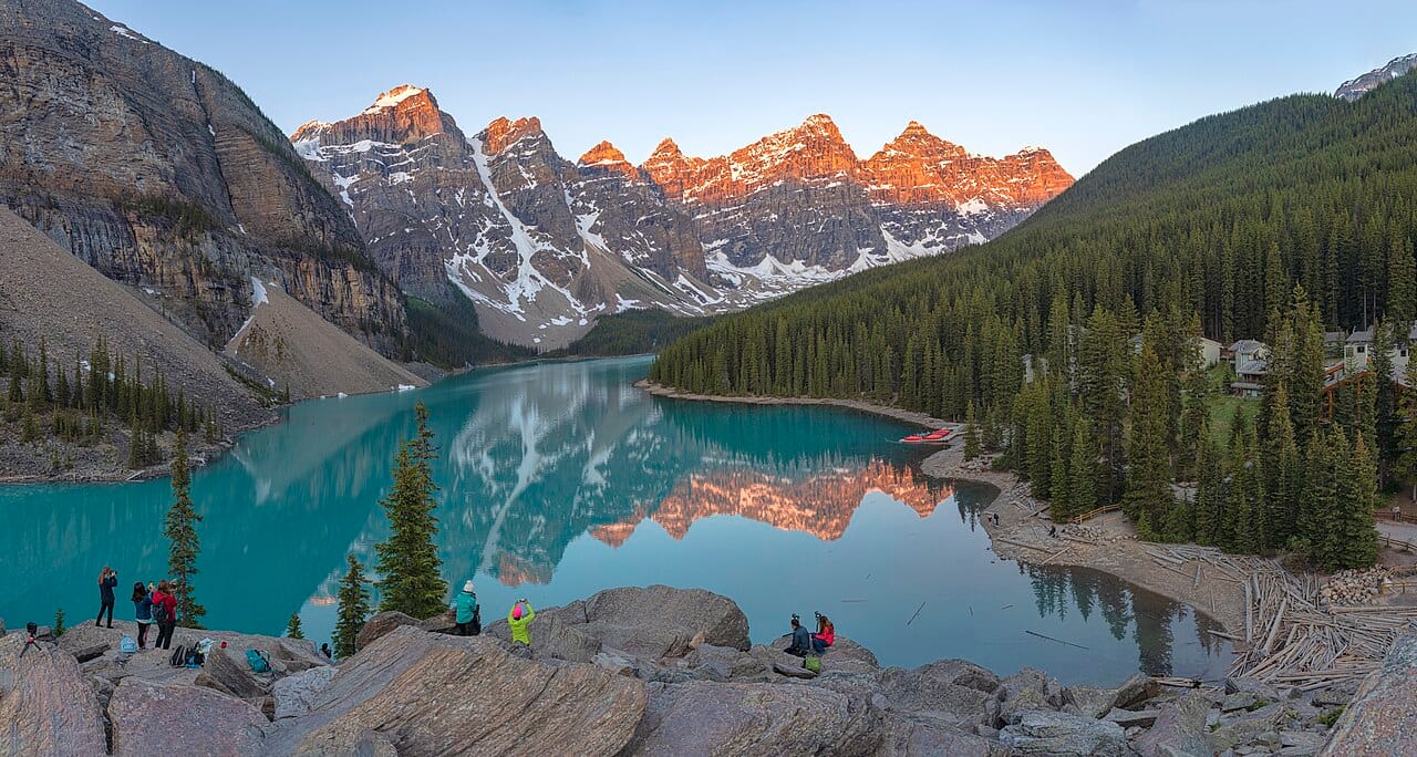 Moraine Lake in Banff National Park, its blue-green water fed by glaciers in the Canadian Rockies. The mountains of western Alberta hold some of the most famous scenery in the country.