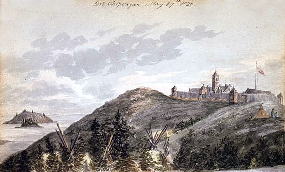 An 1820 view of Fort Chipewyan, a fur-trading post in what is now northern Alberta. Such posts drew the region into the great fur trade that first linked it to the wider world.