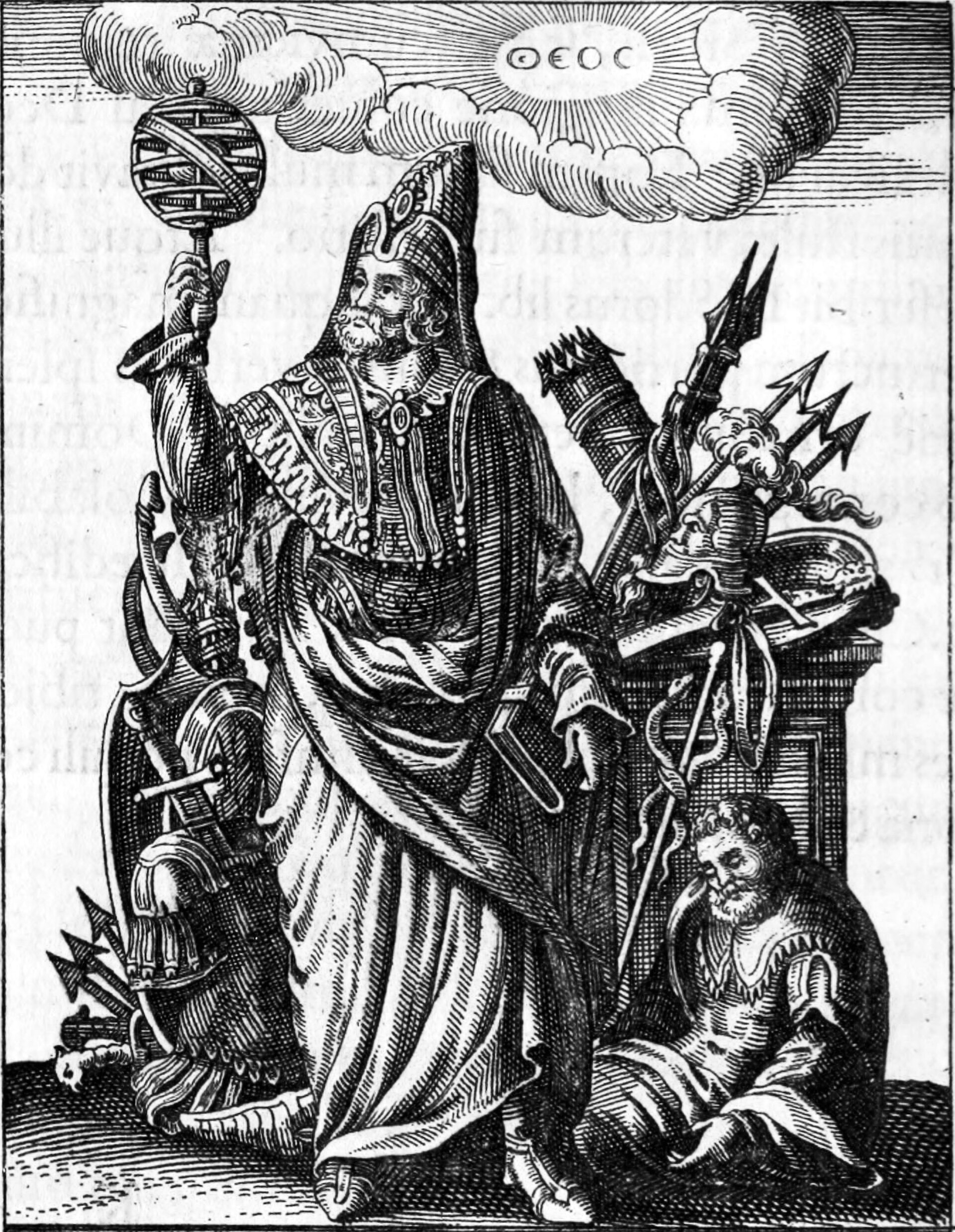An engraving of a legendary figure of alchemical lore, steeped in mysticism.
