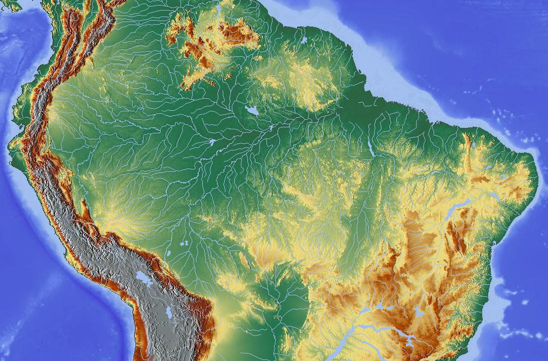 The topography of the vast Amazon River Basin, which drains much of South America.
