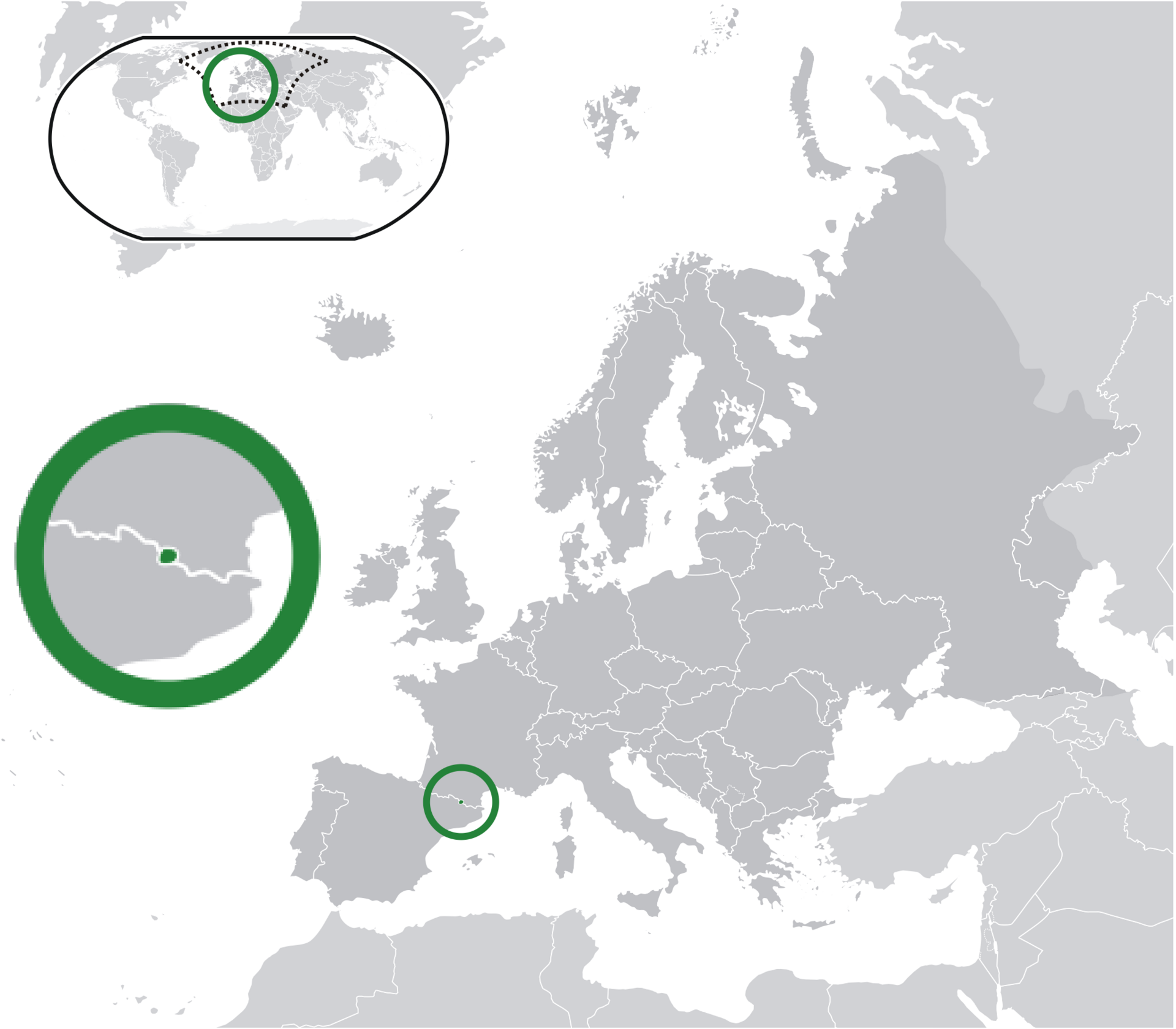 Andorra, in green, tucked into the eastern Pyrenees between France and Spain. Entirely mountainous, with one of the highest mean elevations in Europe, the tiny country has no flatland to speak of.
