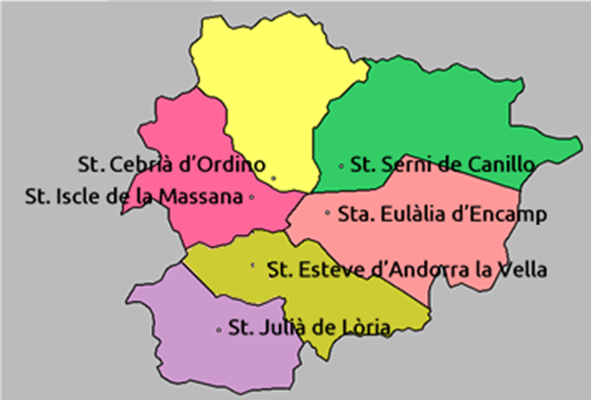 A map of Andorra's historic parishes, each named for its patron saint. The tiny co-principality is divided into these seven communities, whose old identities still shape its politics and administration.