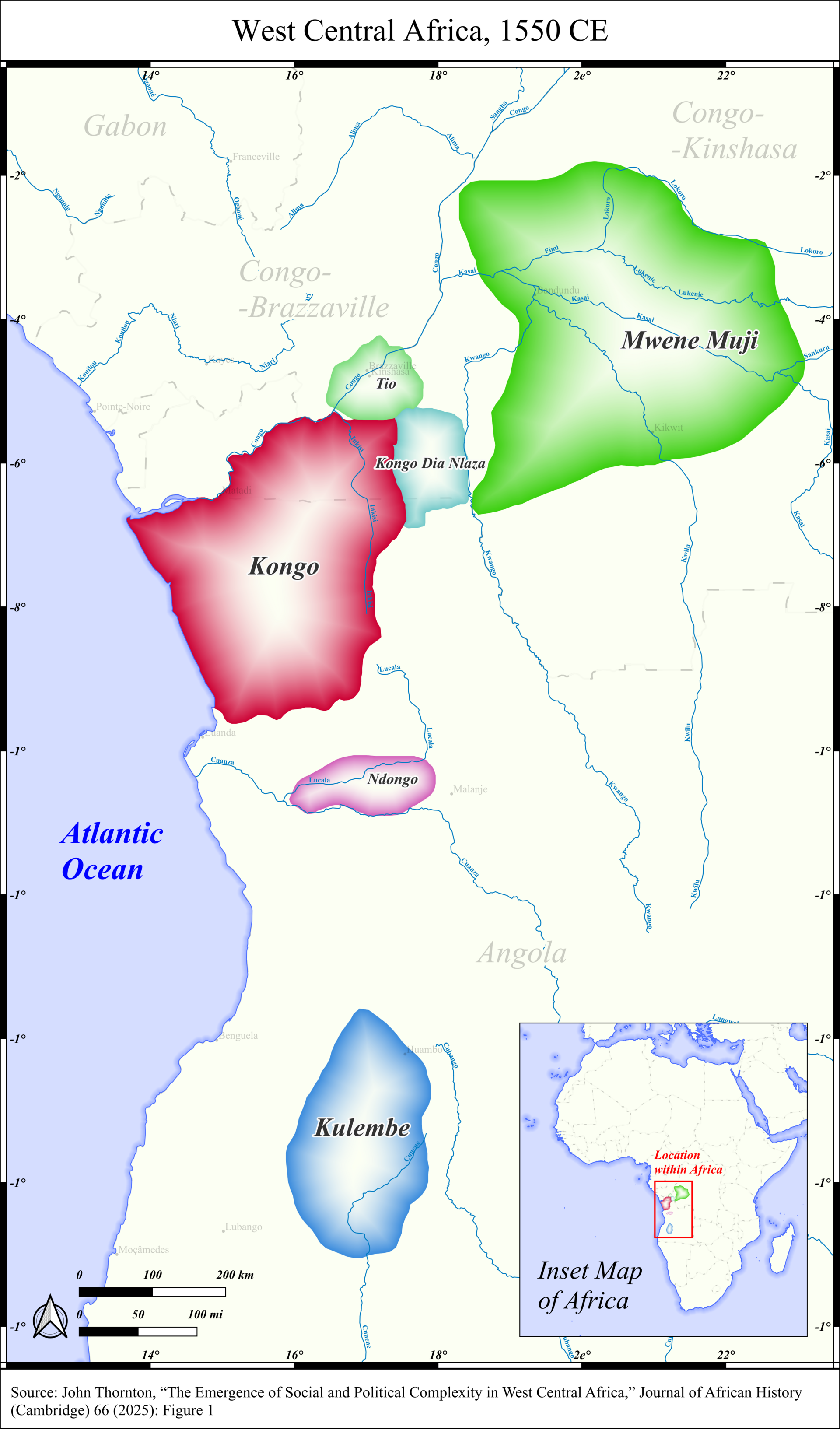 A map of the major states of the western Congo Basin around 1550. Powerful African kingdoms such as Kongo and Ndongo flourished here long before Portuguese rule reshaped the region.