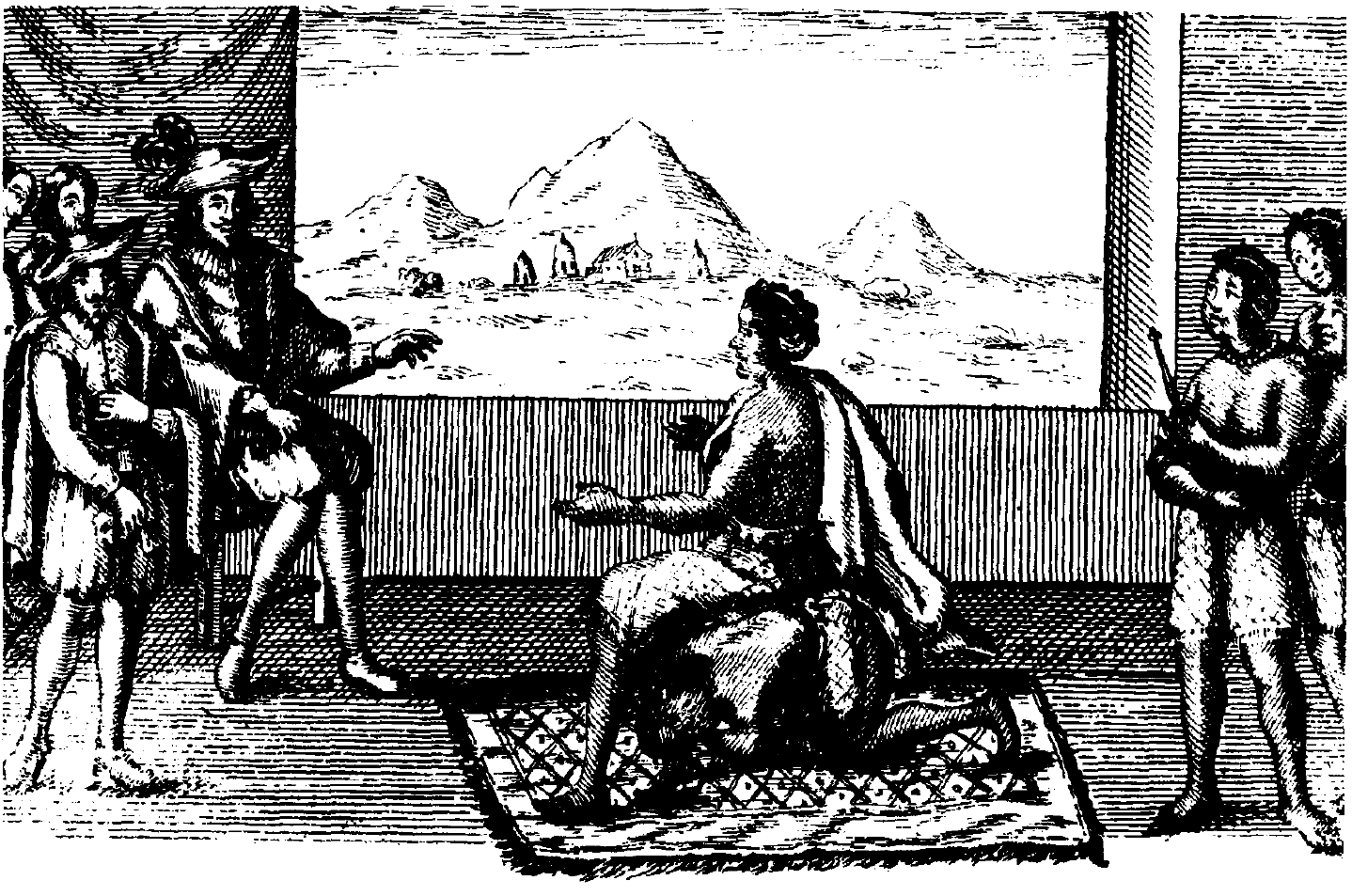 Queen Nzinga of Ndongo meeting Portuguese officials; she became a symbol of resistance to colonisation. Credit: Unknown (Public domain).