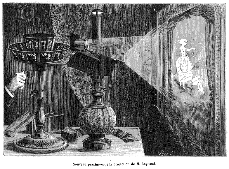 A praxinoscope projecting animated images in 1882. Devices producing motion from sequential drawings preceded photographic film by decades.