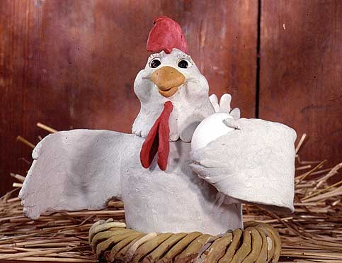 A clay figure built for stop motion. Physical materials are moved by hand between exposures, which is slow and produces a texture that computed images imitate rather than reproduce.