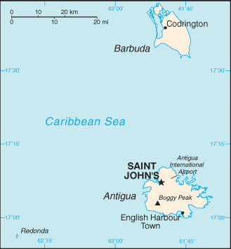 A map of Antigua and Barbuda. The deeply indented Antiguan coast produced the harbours that made the island strategically valuable, while flat, reef-ringed Barbuda lies some 40 kilometres to the north.