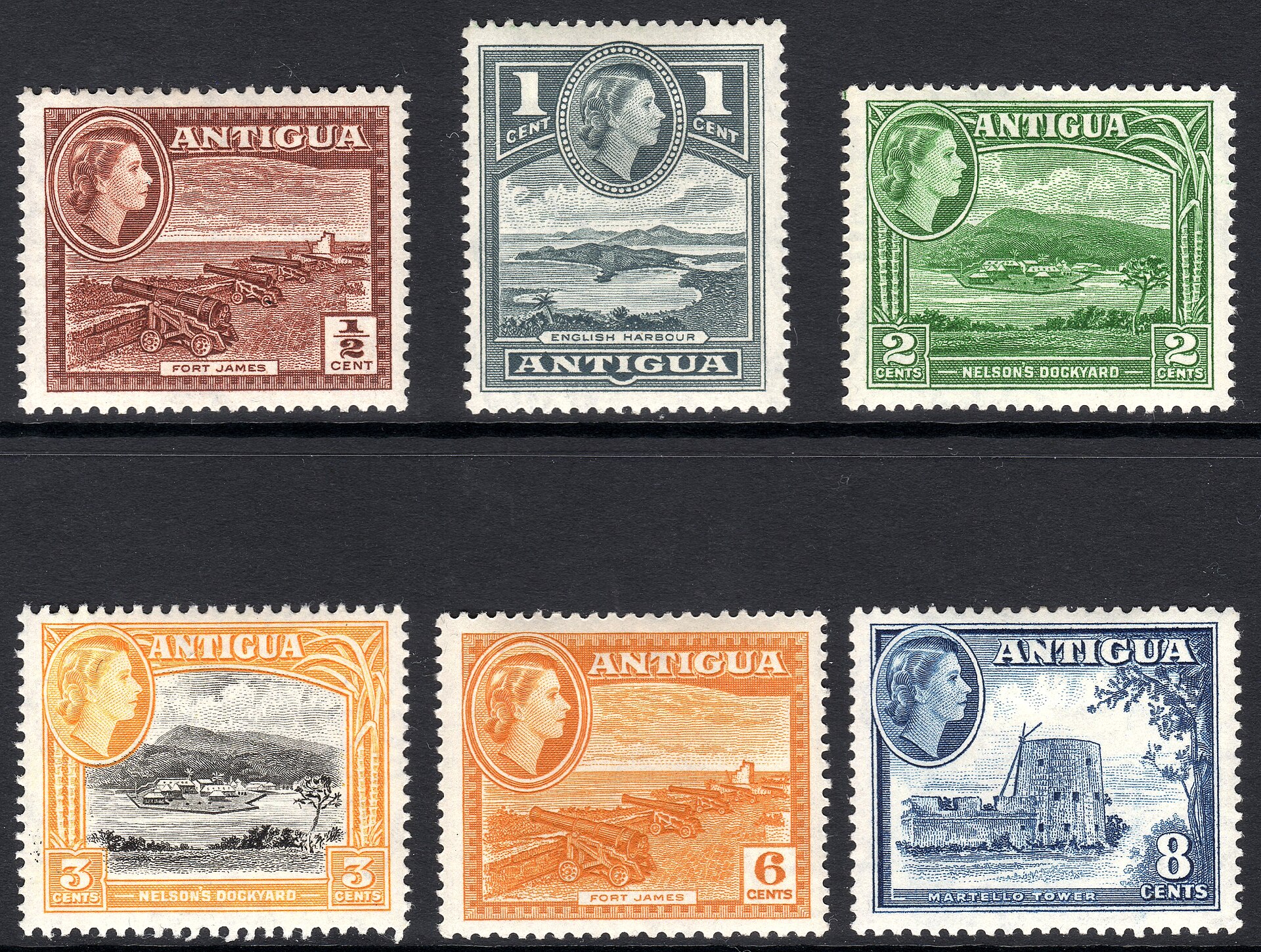 Antiguan stamps of 1953. The islands remained a British colony until internal self-government in 1967 and full independence in 1981, retaining the monarch as head of state.