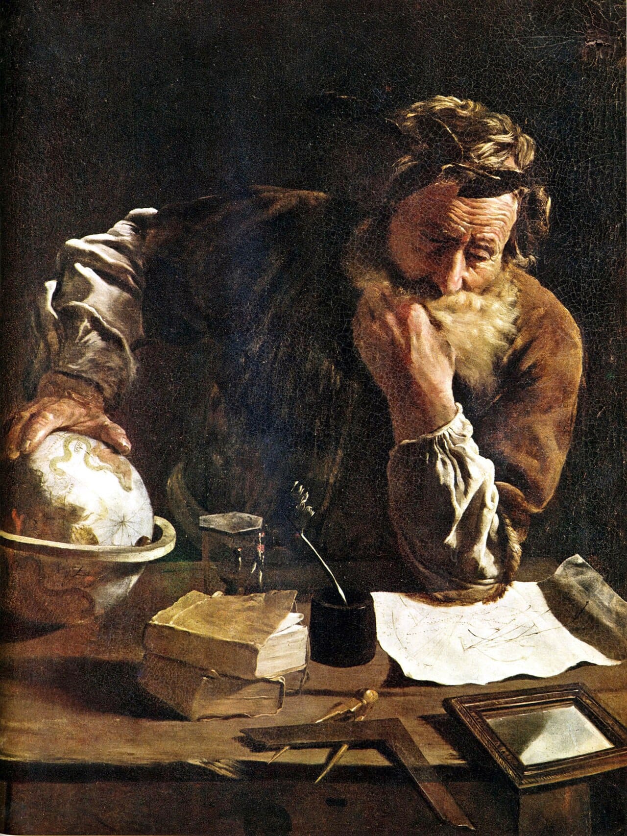 Archimedes, depicted in the seventeenth century. The crown story comes from Vitruvius, writing around two centuries after his death.