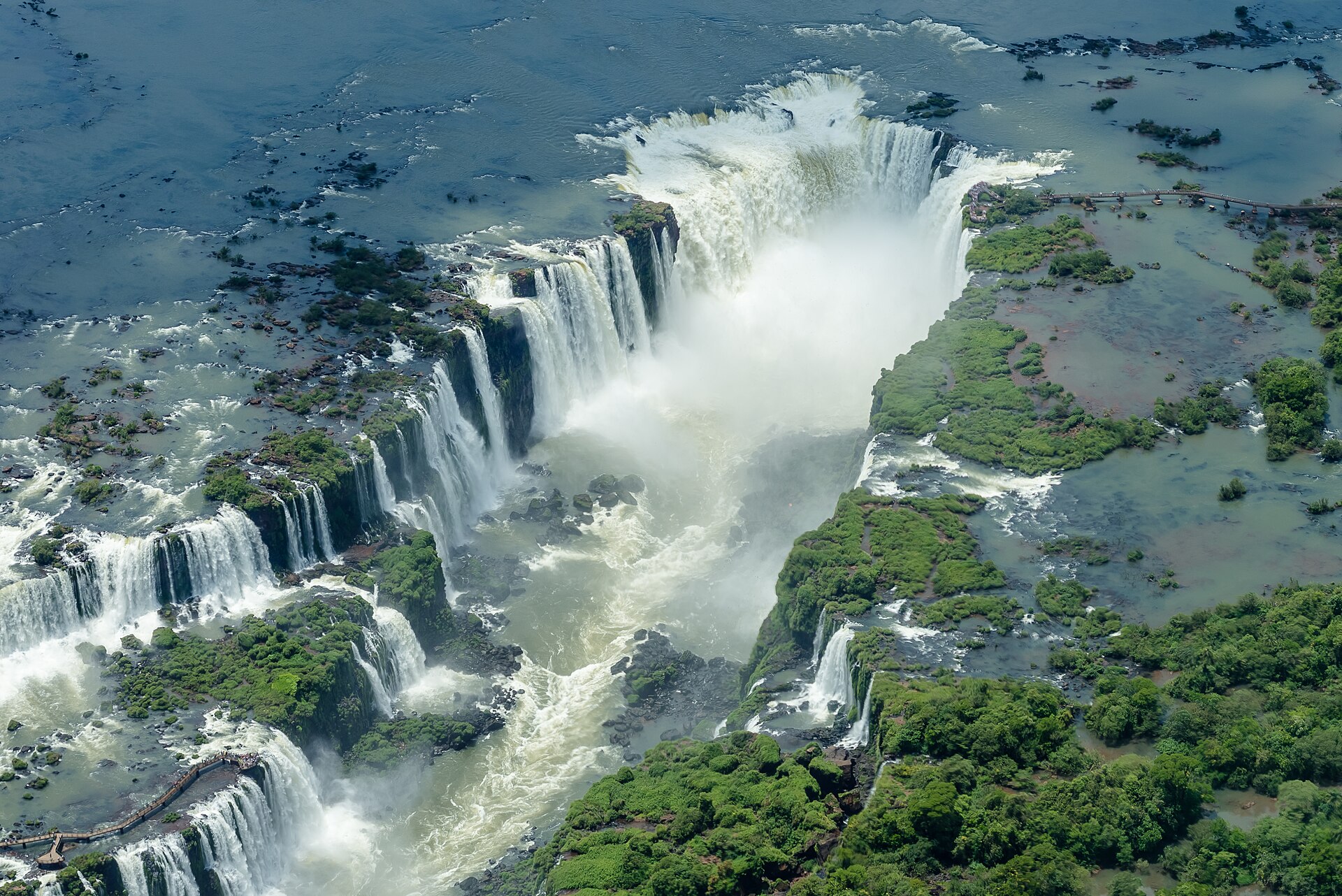 Iguazu Falls on Argentina's subtropical northern border, a chain of hundreds of cascades among the largest waterfall systems in the world.