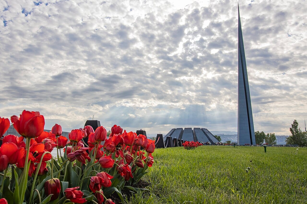 The Tsitsernakaberd memorial in Yerevan, dedicated to the victims of the Armenian genocide of 1915. Its eternal flame and soaring stele are the focus of national mourning each year on the anniversary of the killings.