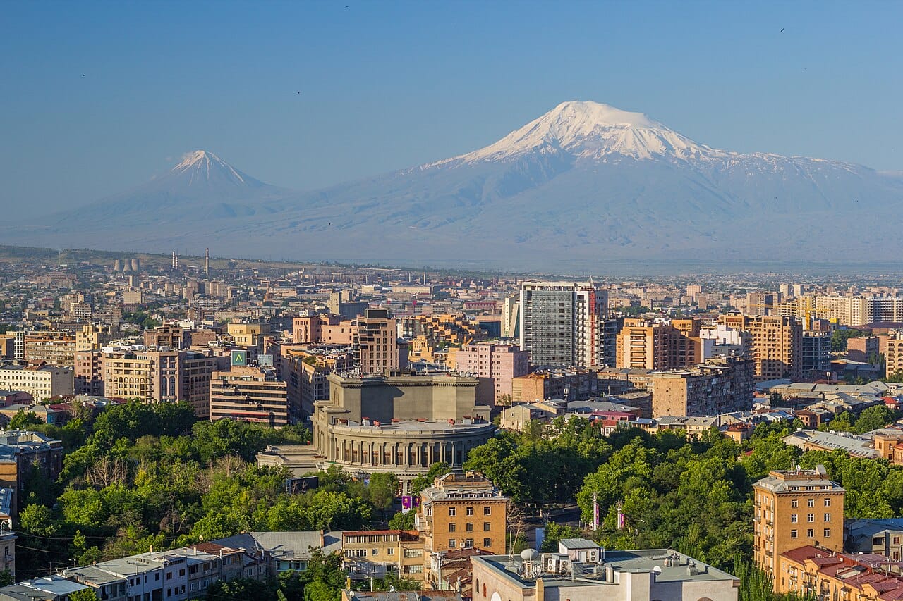 The skyline of Yerevan, the capital and by far the largest city of Armenia, one of the oldest continuously inhabited cities in the world. Its centre mixes Soviet-era and modern building with a growing technology sector that drives the national economy.