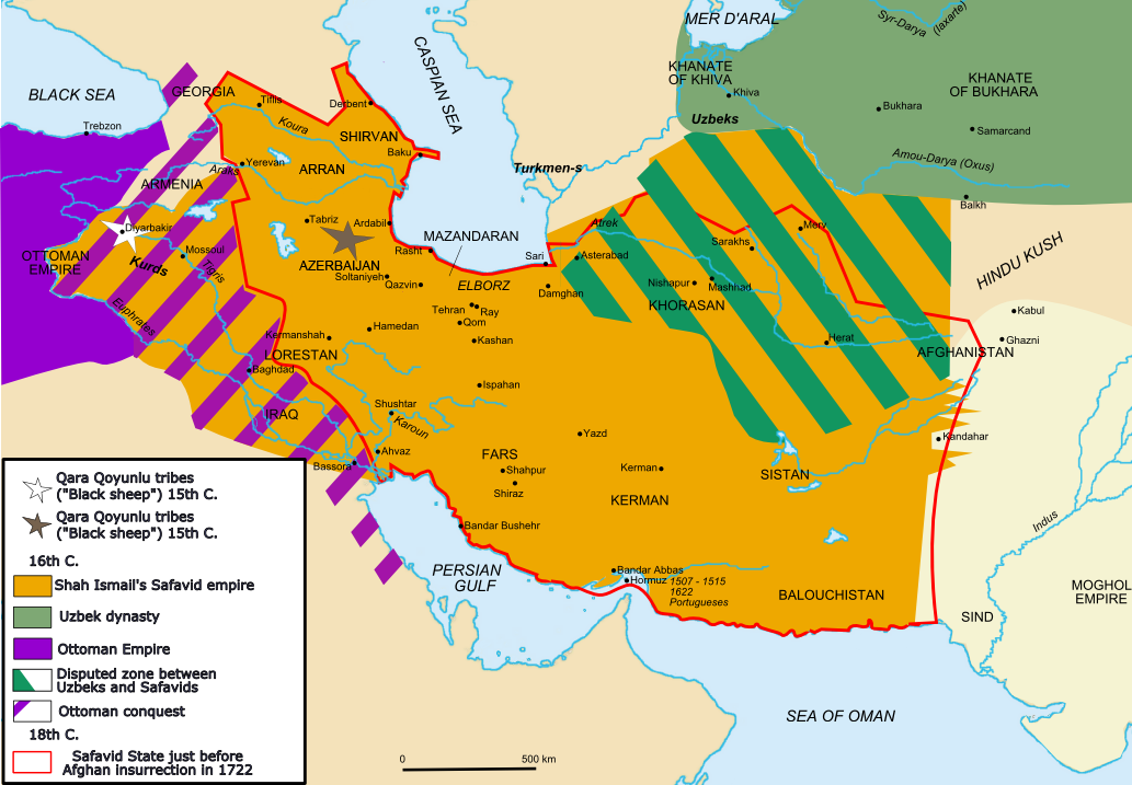 A map of Safavid Persia, one of the empires that ruled and divided Armenia. In the early sixteenth century most of the eastern Armenian lands fell under Persian control before passing to the Russian Empire three centuries later.