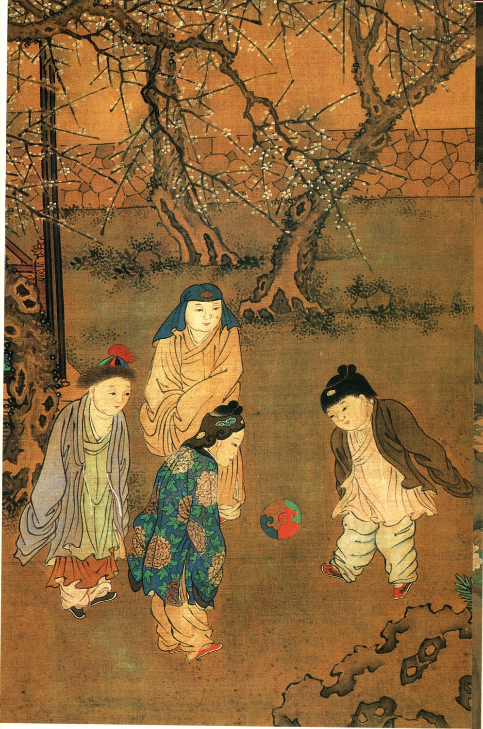Cuju being played, in a later depiction. The Chinese game, documented from the Han dynasty, involved kicking a ball through an opening and is recognised as an early form.