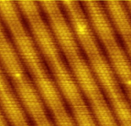 A scanning tunnelling microscope image resolving individual gold atoms, arranged in a regular grid. Credit: Erwinrossen (Public domain).