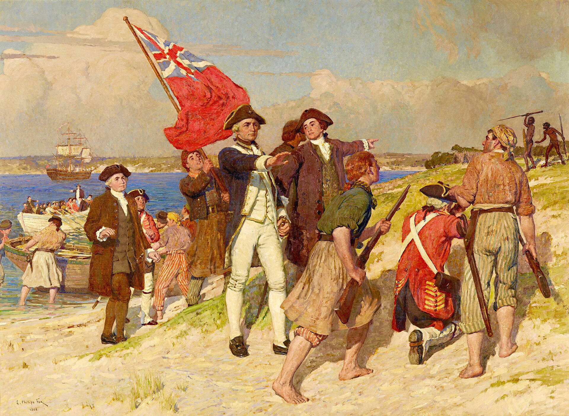 The landing of James Cook at Botany Bay in 1770, the prelude to British settlement. Credit: E. Phillips Fox (Public domain).