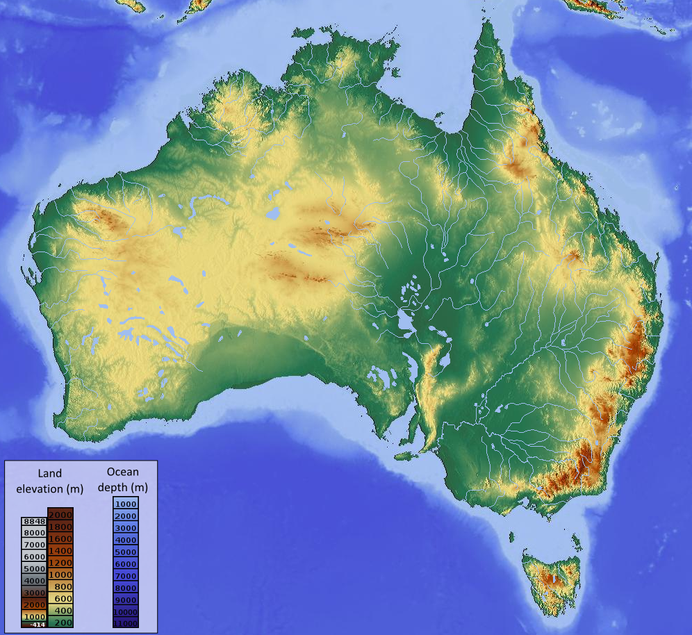 A topographic map of Australia. The vast, arid interior known as the Outback fills the continent, while almost everyone lives on the greener eastern and southern coasts.