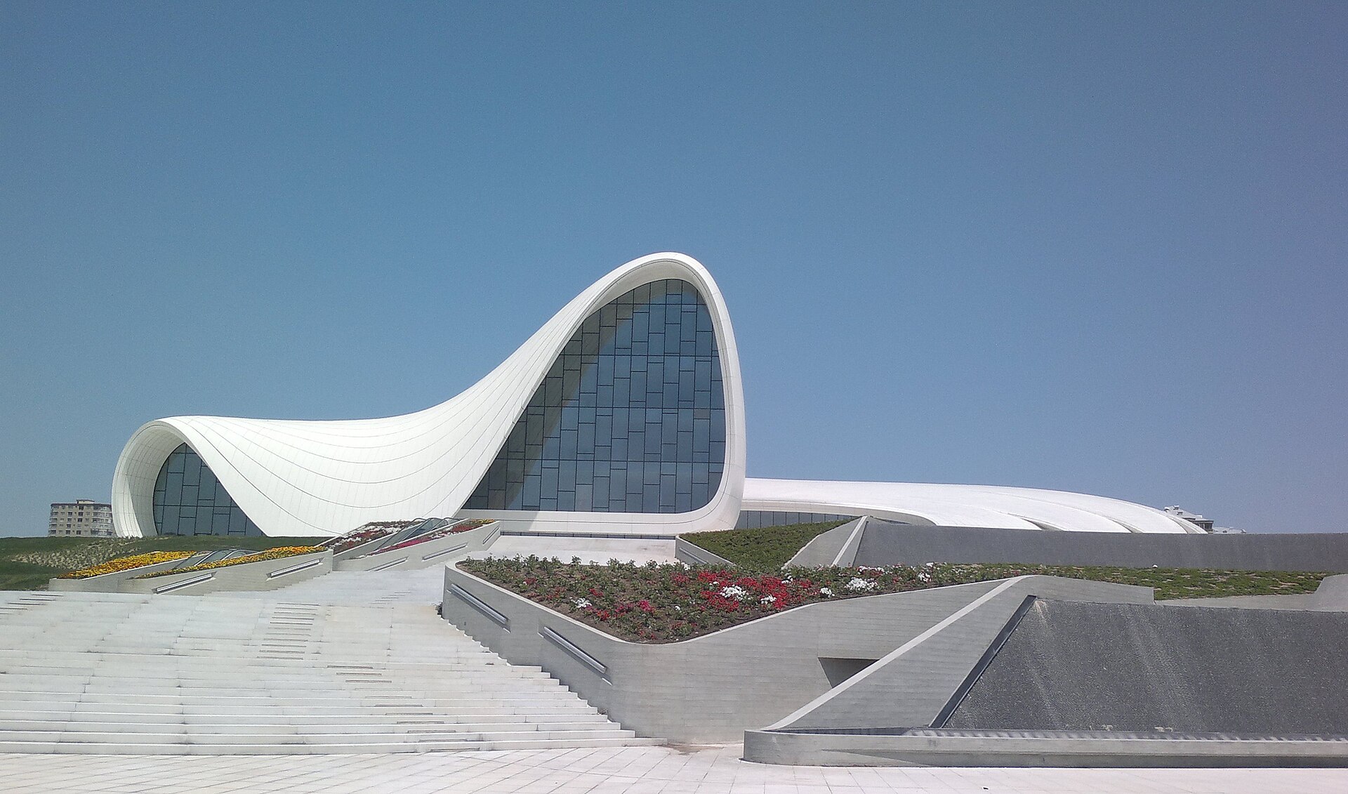 The Heydar Aliyev Center in Baku, designed by the architect Zaha Hadid and opened in 2012. Its flowing white curves, avoiding straight lines, have made it one of the most celebrated modern buildings in the region.