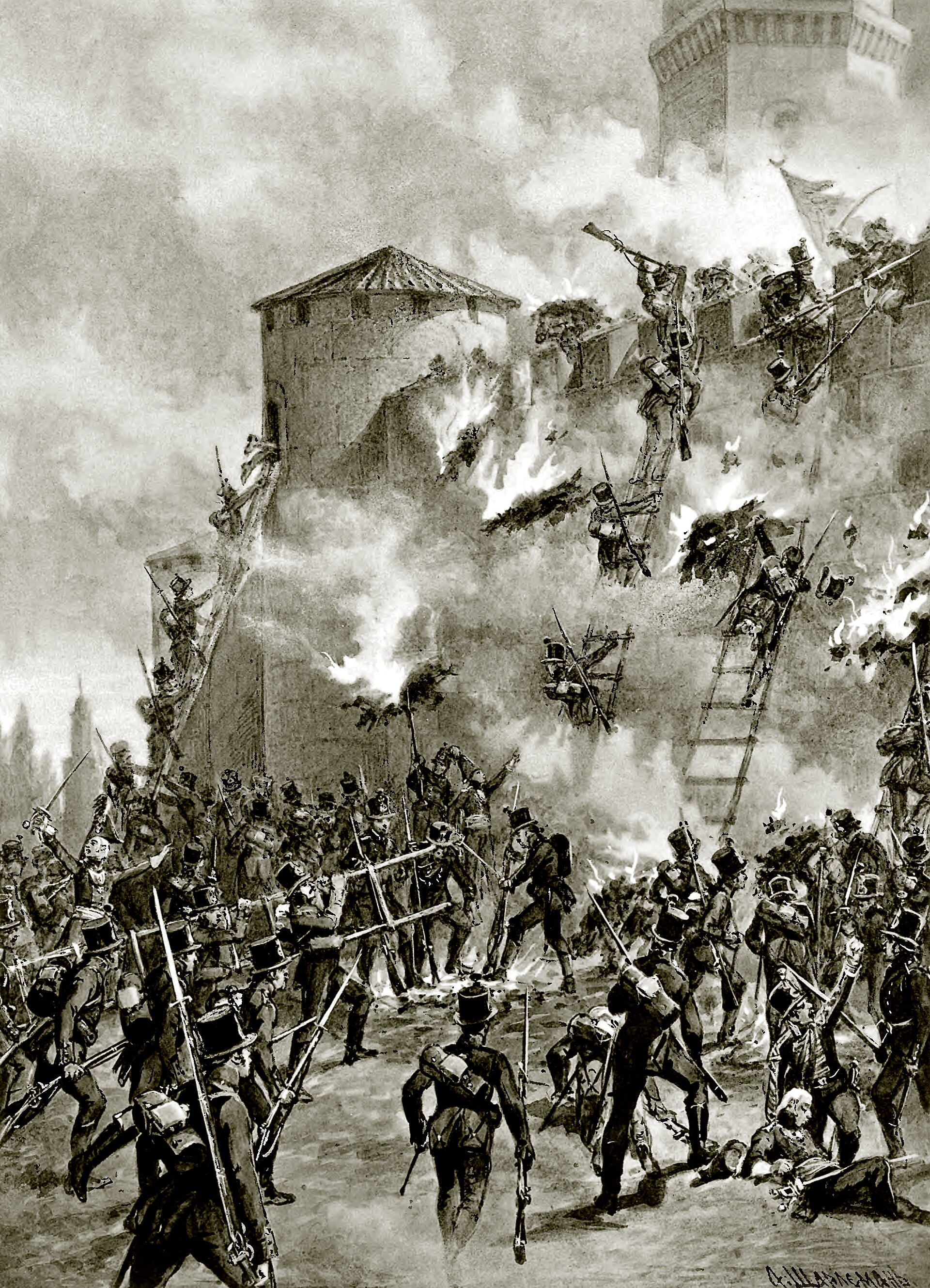 The Russian storming of the fortress of Ganja in 1804, during the wars by which the Russian Empire took the lands of the southern Caucasus from Persia. The conquest set the modern boundary that still divides the Azerbaijani people.