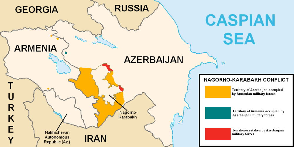 A map of Nagorno-Karabakh before 2020, showing the Armenian-controlled territory at the heart of the long conflict with Armenia. Azerbaijan recovered the region in the wars of 2020 and 2023, after which its Armenian population fled.