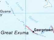 The Exumas, a chain of some 365 cays. The shallow banks over white sand produce water clear enough that the archipelago is visible as a distinct colour from orbit.