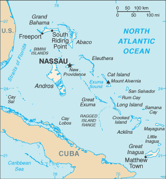 A map of the Bahamas. Around 700 islands and 2,400 cays are spread across a large area of the western Atlantic, sitting on two vast shallow carbonate banks whose white sand produces the country's famous turquoise water.