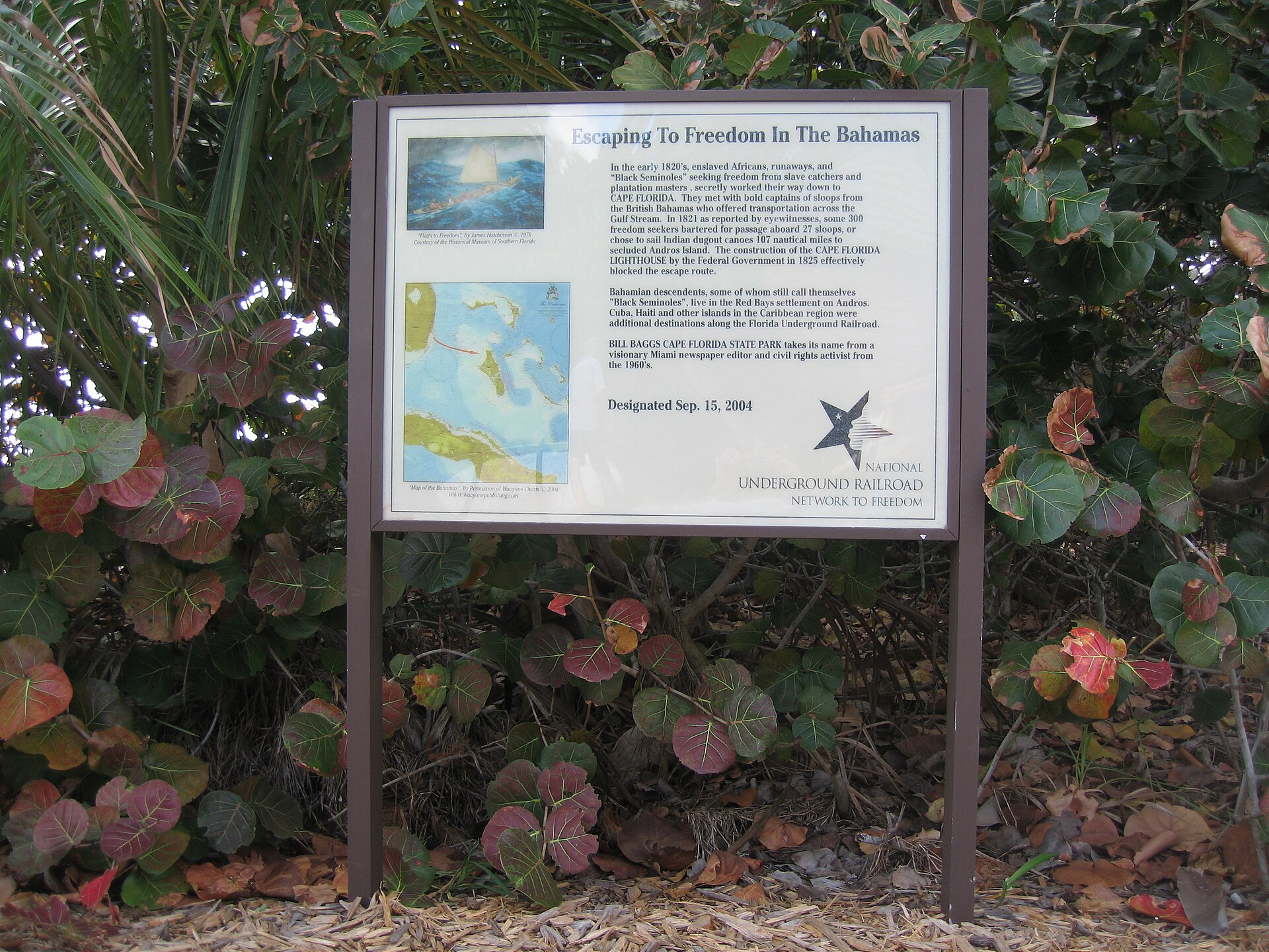 A marker commemorating those who escaped slavery in the American south by reaching the Bahamas, where British abolition made them free.