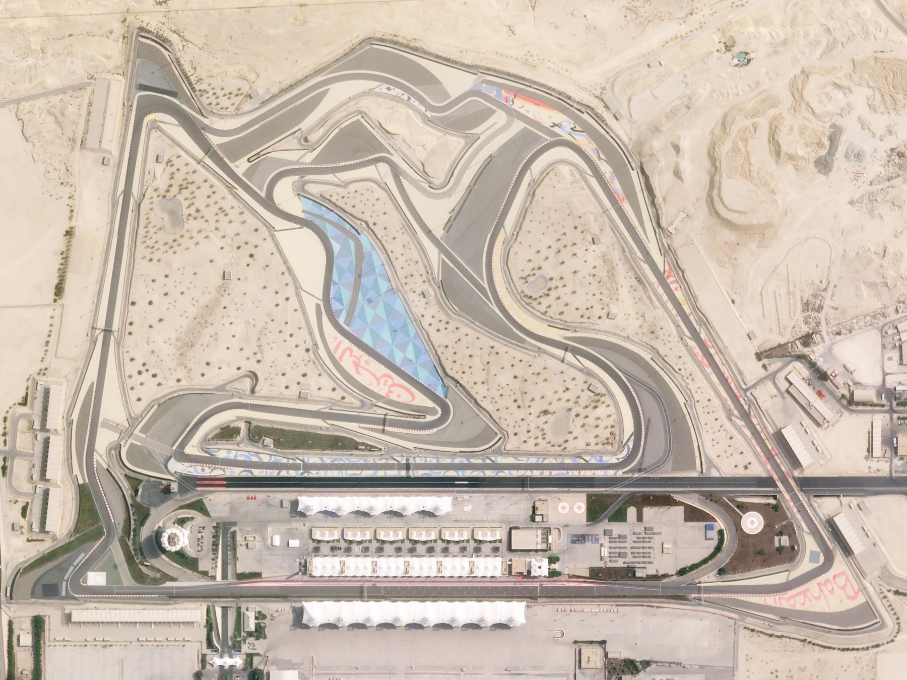 An aerial view of the Bahrain International Circuit, home to the country's Formula One grand prix. First held in 2004, it was the first Formula One race in the Arab world and a centrepiece of Bahrain's international profile.