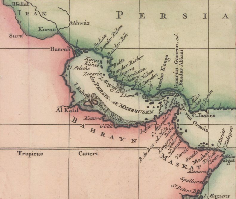 A European map of the Arabian coast from 1745, showing the historical region around Bahrain. The islands' pearls and position at the heart of the Gulf drew the interest of trading powers from far away.