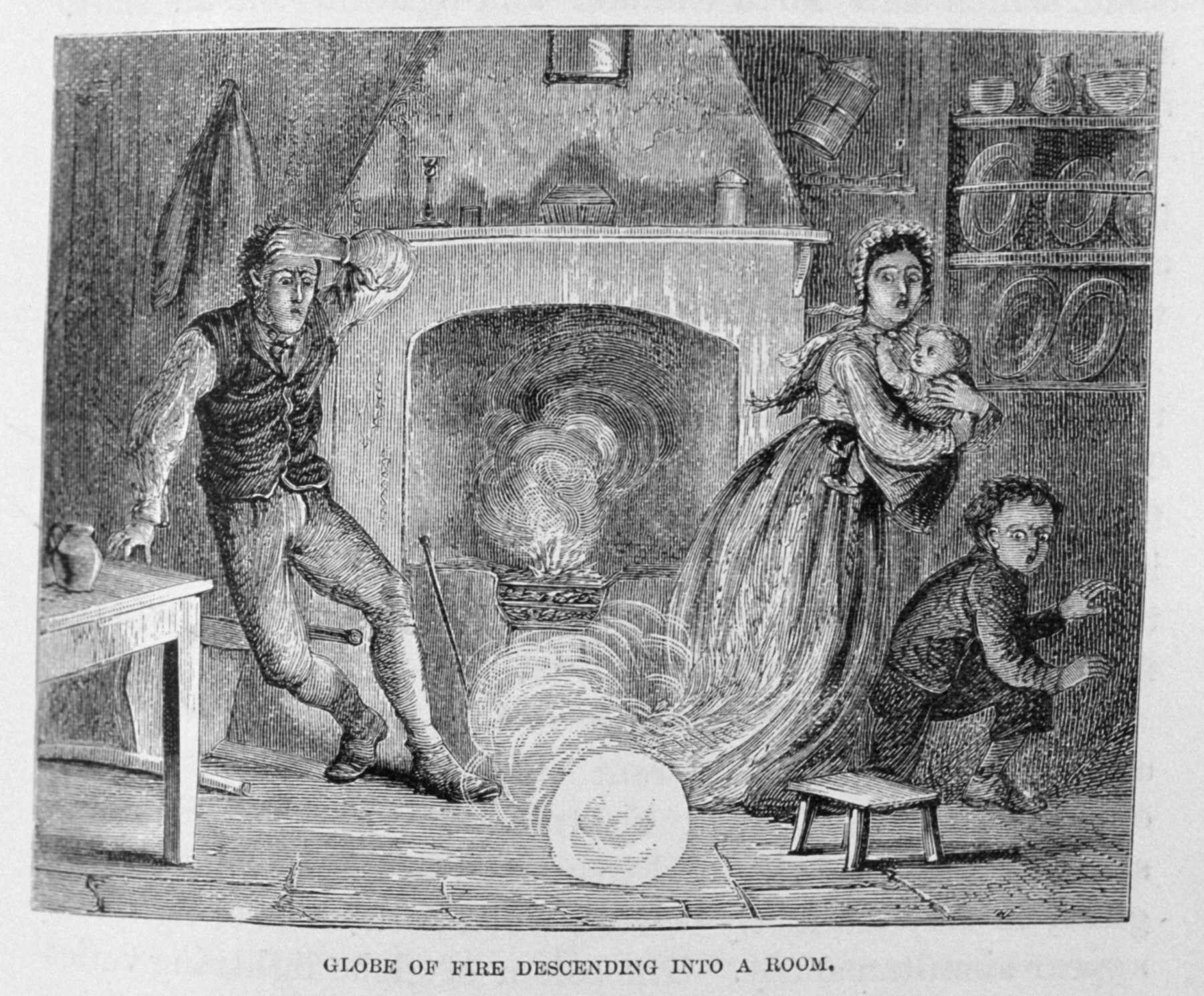 An old depiction of ball lightning entering a room down a chimney.