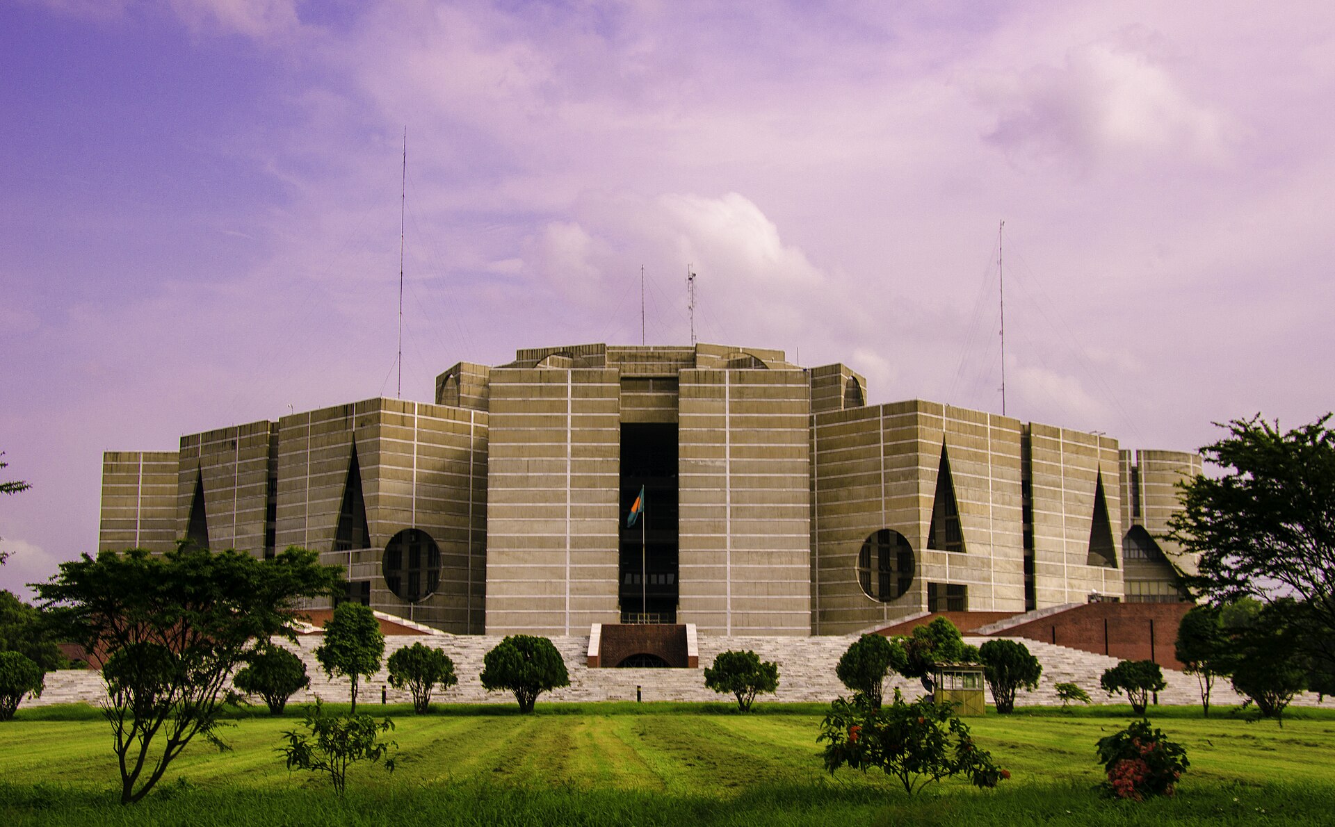 The National Parliament House in Dhaka, designed by the architect Louis Kahn and completed in 1982. One of the largest legislative complexes in the world, it is a celebrated work of modern architecture.