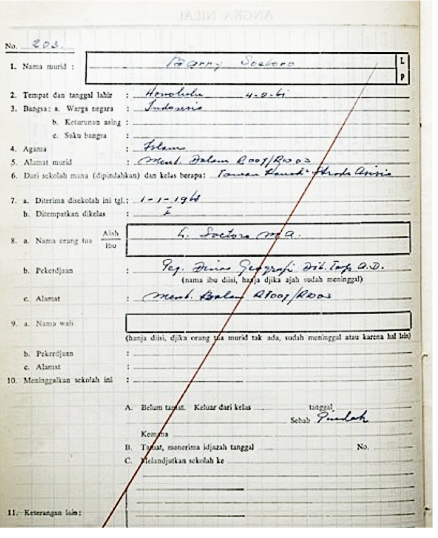 A record from Obama's childhood school in Indonesia, where he lived as a boy.