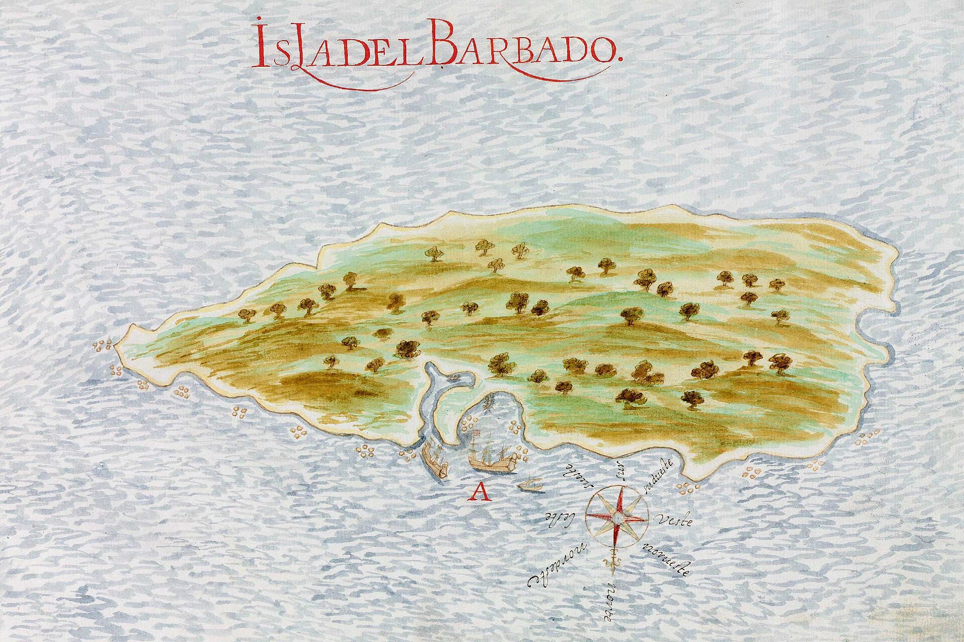 A 1632 Spanish map of Barbados. Uninhabited when the English settled it in 1627, the island was swiftly transformed by a sugar revolution into one of the wealthiest and most brutal slave colonies in the world.