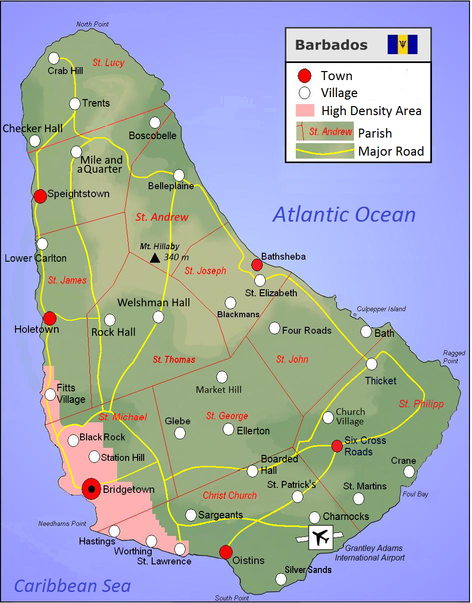 A map of Barbados, the easternmost of the West Indian islands, lying apart from the main chain out in the Atlantic. Unlike its volcanic neighbours, it is built of coral limestone, giving it gentle, fertile terrain.