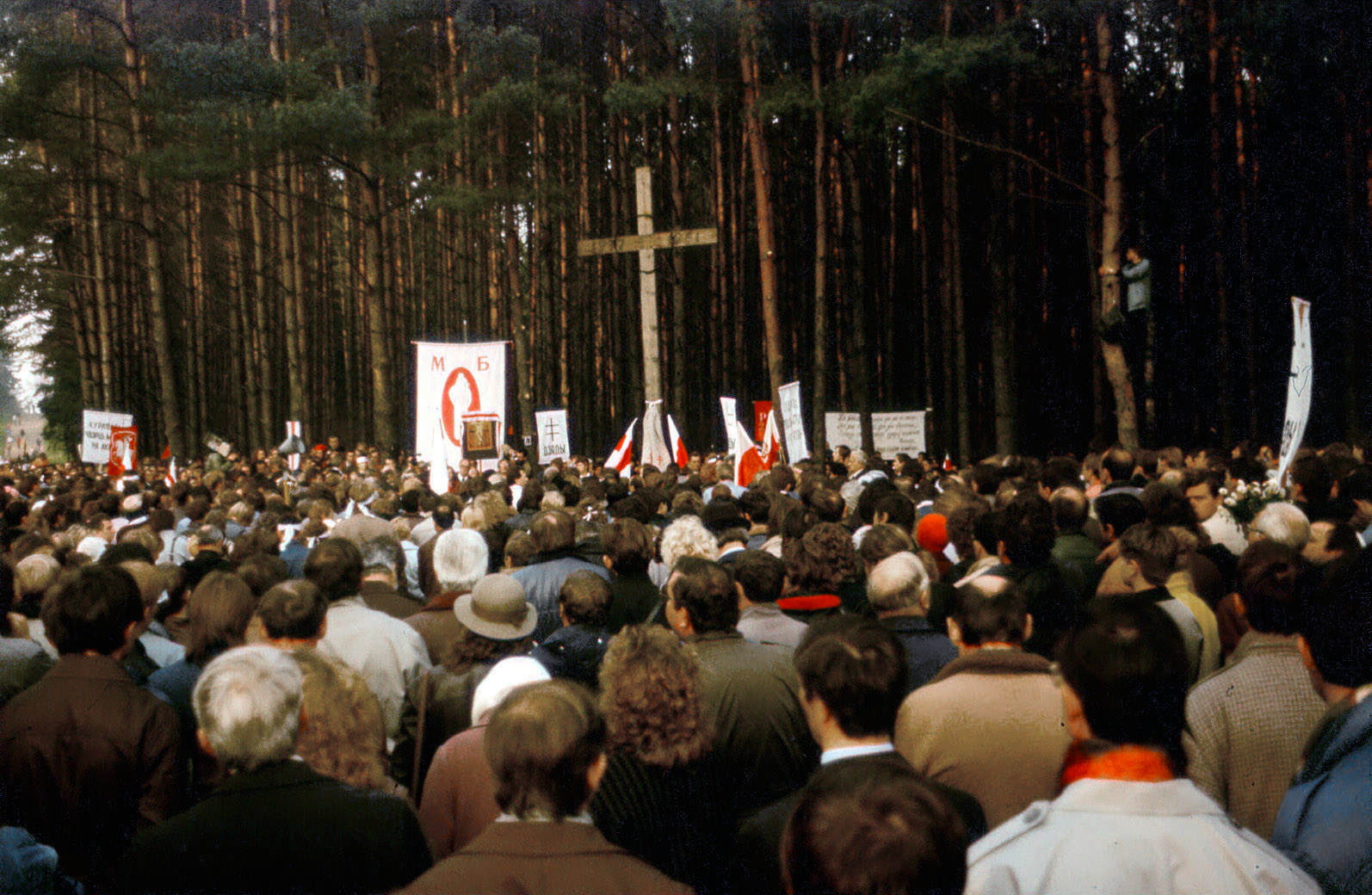 A memorial gathering in the Kurapaty woods near Minsk, where tens of thousands of people were shot during Stalin's terror. The site became a symbol of the suffering Belarus endured in the Soviet era.