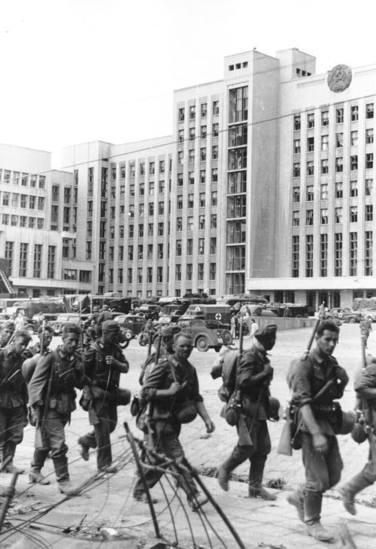 German soldiers in Minsk in August 1941. Caught between the German and Soviet armies, Belarus lost around a quarter of its population in the Second World War, more than almost any other country, and its cities were left in ruins.