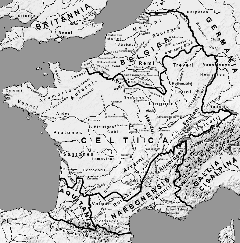Gallia Belgica at the time of Julius Caesar, the Roman province from which Belgium takes its name. Credit: User:Feitscherg (CC BY-SA 3.0).