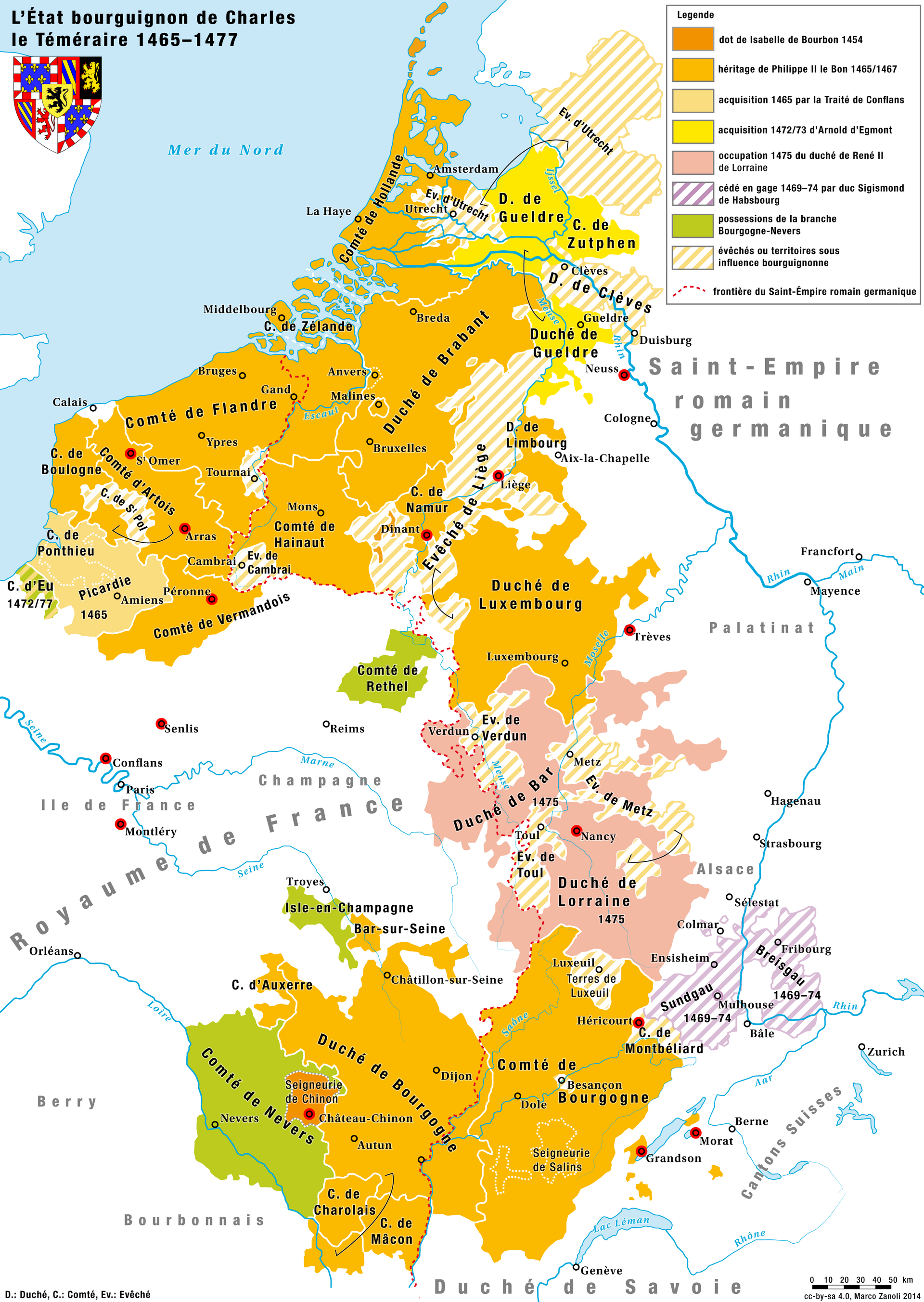 The Burgundian state of the fifteenth century, when the wealthy Low Countries were a centre of European art and trade. Credit: Marco Zanoli (sidonius (talk) 17:11, 2 March 2014 (UTC)) (CC BY-SA 4.0).
