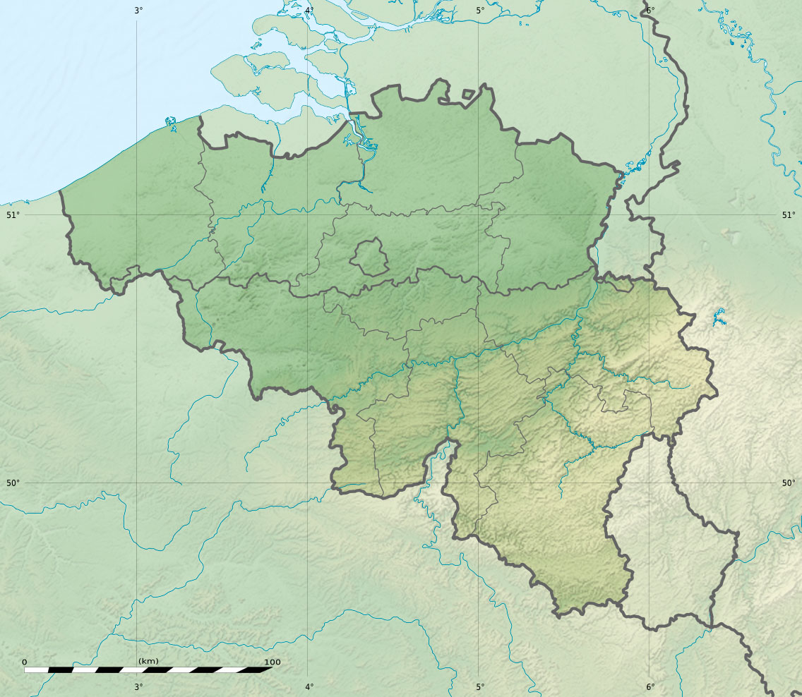 A relief map of Belgium, showing the flat plains of the north and west and the rolling, forested hills of the Ardennes in the southeast. The country's position among the great powers made it both a trading crossroads and a battlefield.