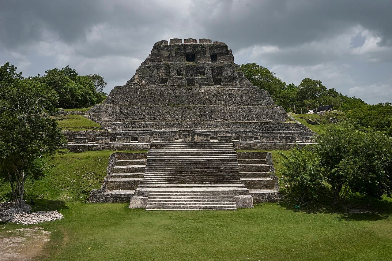The Maya ruins of Xunantunich, its great pyramid rising above the forest canopy. Belize was a densely settled heartland of the ancient Maya, and its stone cities are among the most remarkable in the region.