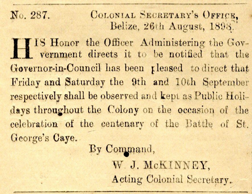 An 1898 government notice from British Honduras marking the anniversary of the Battle of St George's Caye of 1798, when the settlers repelled a Spanish attack. The colony was the only British foothold in Central America.