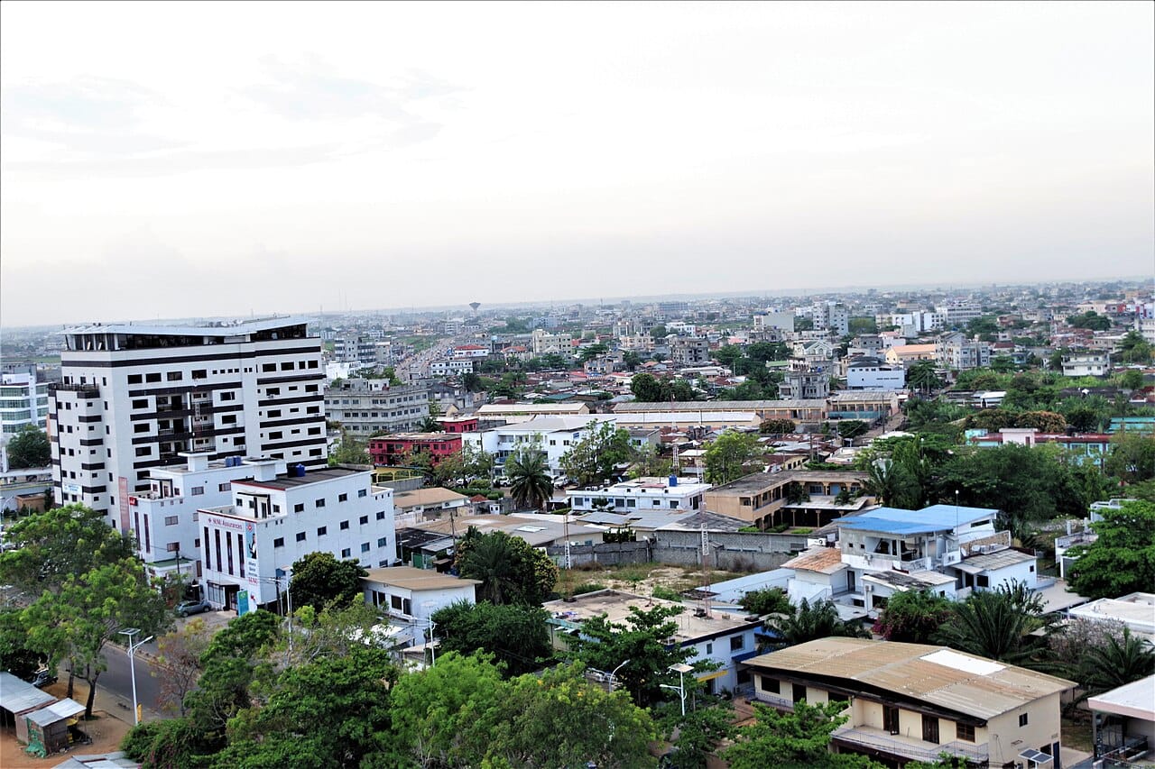 Cotonou, the largest city in Benin and the seat of its government and port. The country's population is heavily concentrated in the narrow south, near the Atlantic coast.