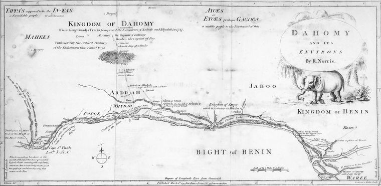 A map of the Kingdom of Dahomey from 1793. Emerging on the Abomey plateau in the seventeenth century, Dahomey pushed south to the sea and became one of the most centrally administered states in pre-colonial West Africa.