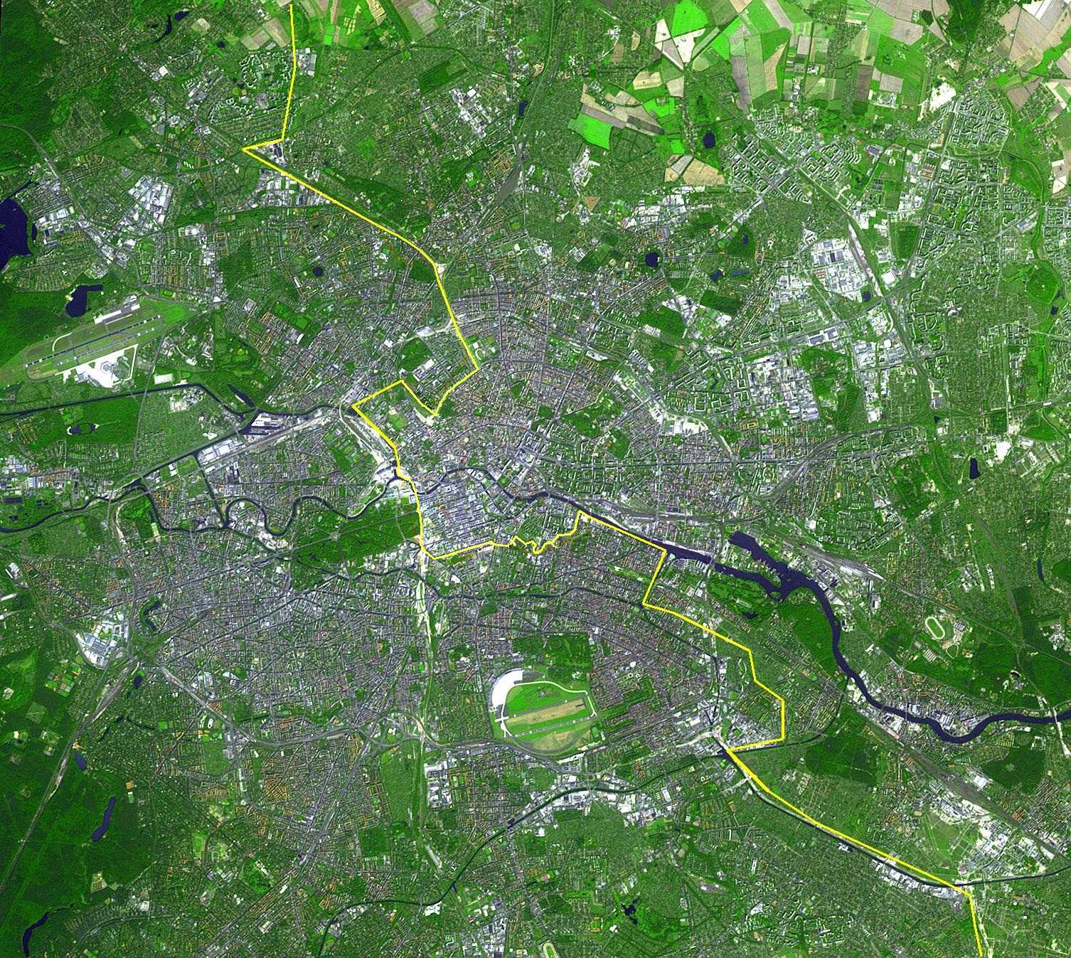 A satellite view of Berlin showing the line the wall once followed.