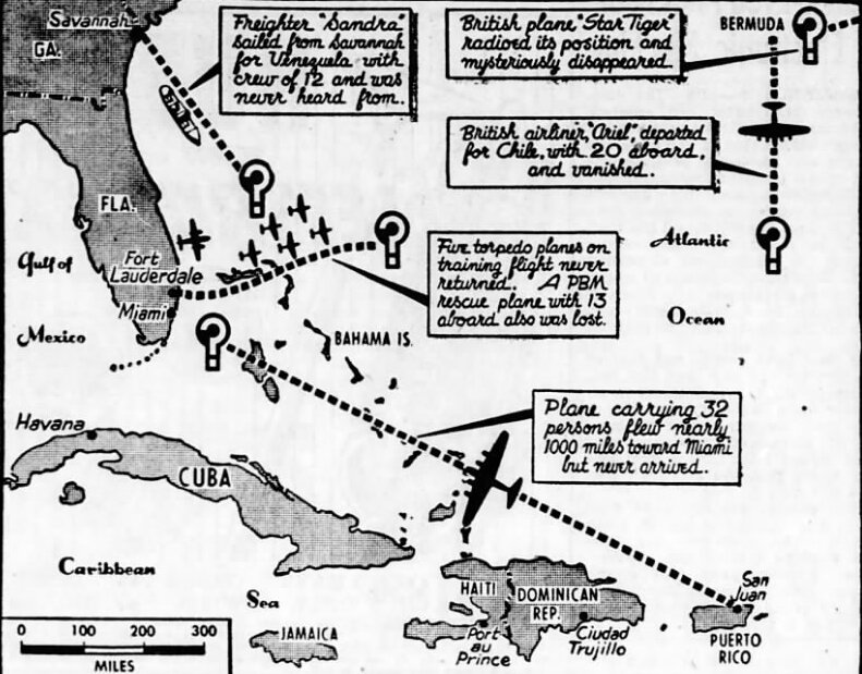 An early map marking the area popularly called the Bermuda Triangle.